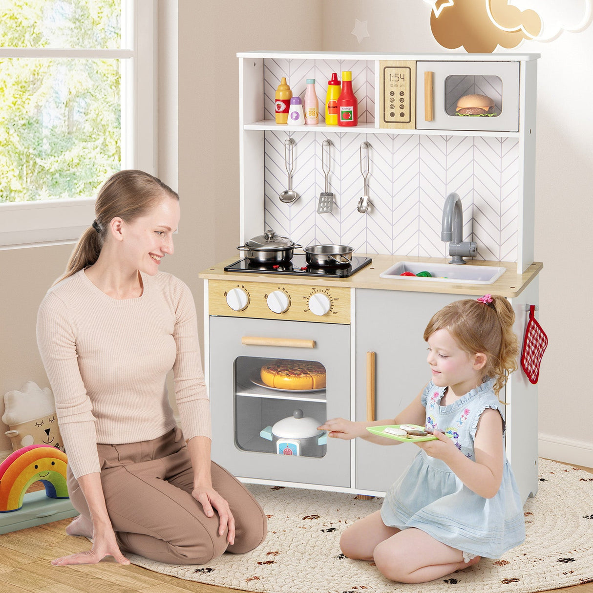 Juego de cocina infantil con luces, sonidos, microondas, hornillas, fregadero, horno y accesorios de cocina - Blanco