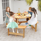 Kids Outdoor Wooden Picnic Table and Bench Set with Umbrella Hole-Natural