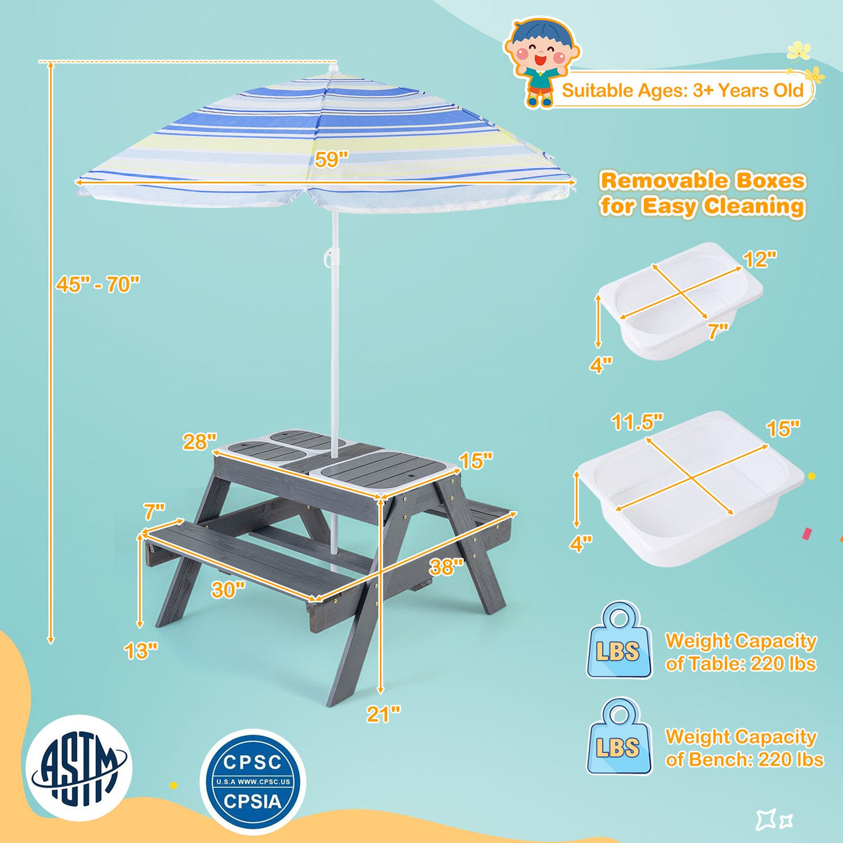 Juego de Mesa de Picnic para Niños con 3 Contenedores Extraíbles-Gris