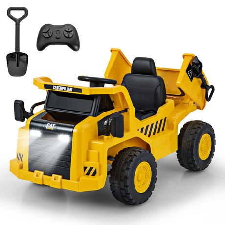 Camión volquete para niños de 12 V con licencia Caterpillar con cama basculante, color amarillo