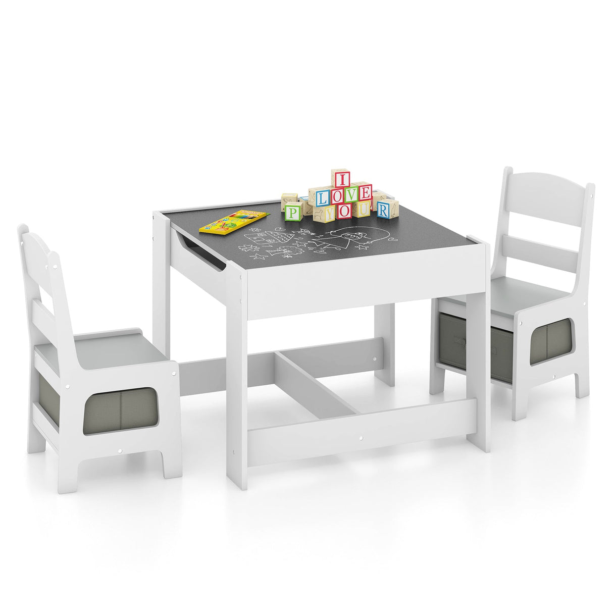 Juego de mesa y sillas para niños con cajas de almacenamiento, pizarra y tablero de dibujo.