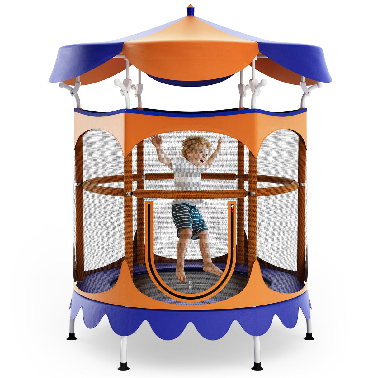 Cama elástica infantil de 64 pulgadas con toldo desmontable y red de seguridad