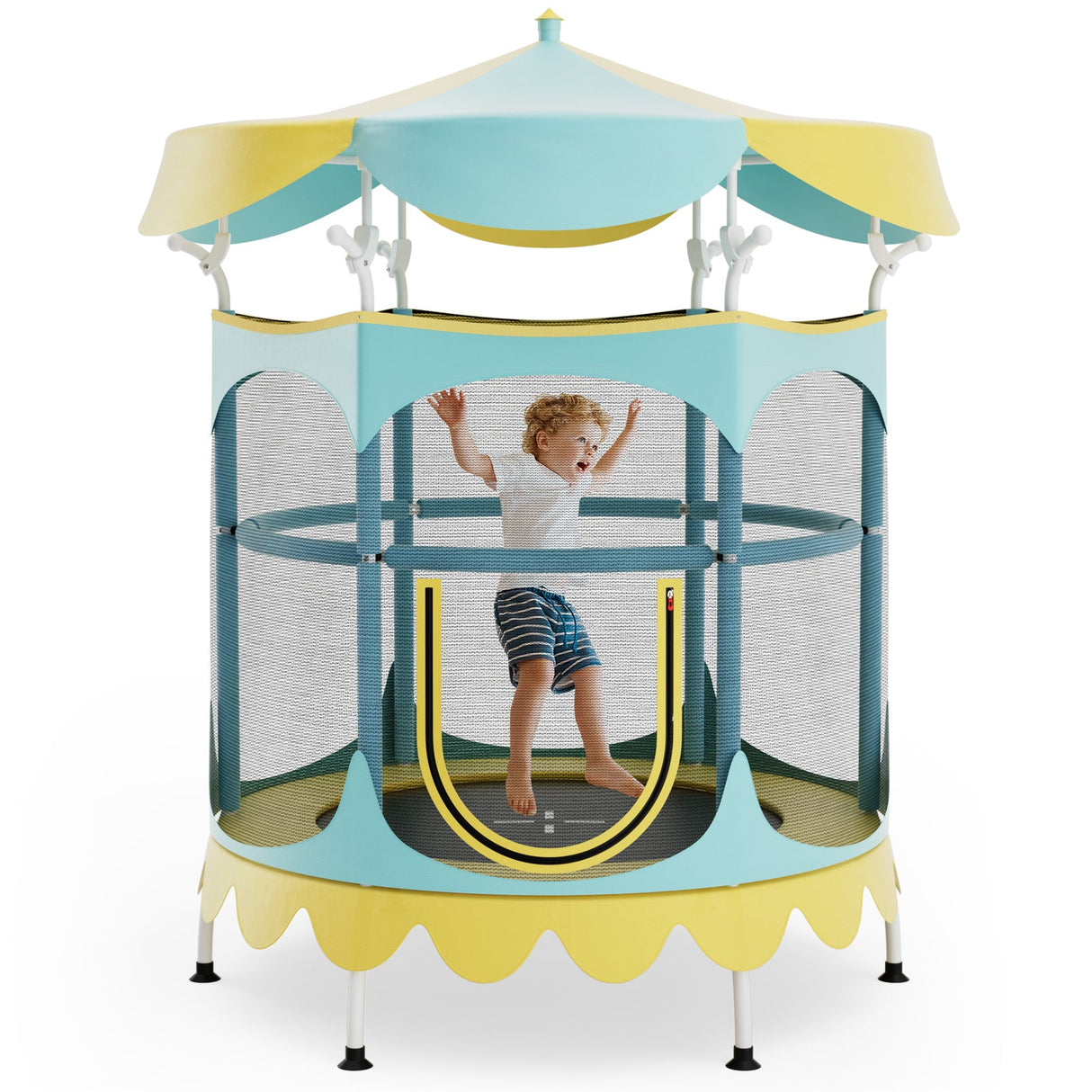 Cama elástica infantil de 64 pulgadas con toldo desmontable y red de seguridad