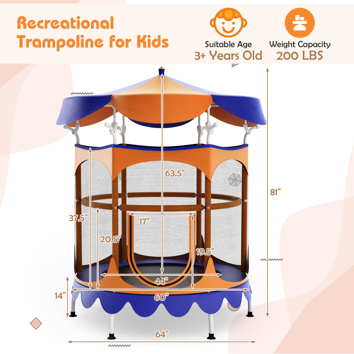 Cama elástica infantil de 64 pulgadas con toldo desmontable y red de seguridad