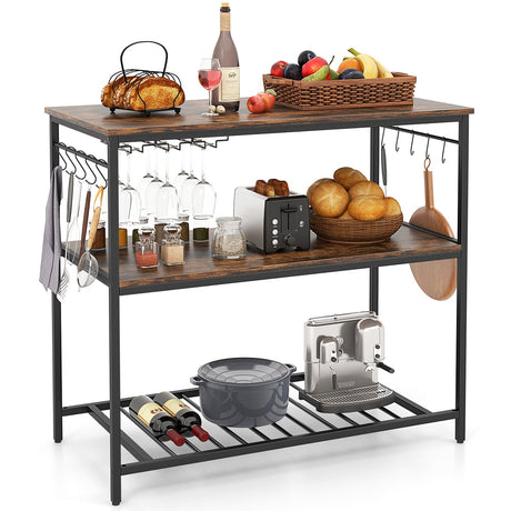 Mesa de Preparación Industrial de Cocina con Isla de 3 Estantes y Botellero Inferior-Marrón Rústico