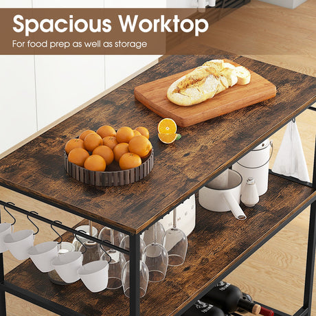 Mesa de Preparación Industrial de Cocina con Isla de 3 Estantes y Botellero Inferior-Marrón Rústico