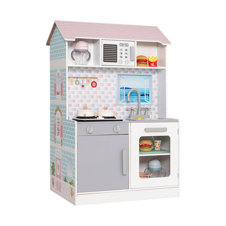 Cocina de juguete y casa de muñecas 2 en 1 de doble cara para niños con muebles