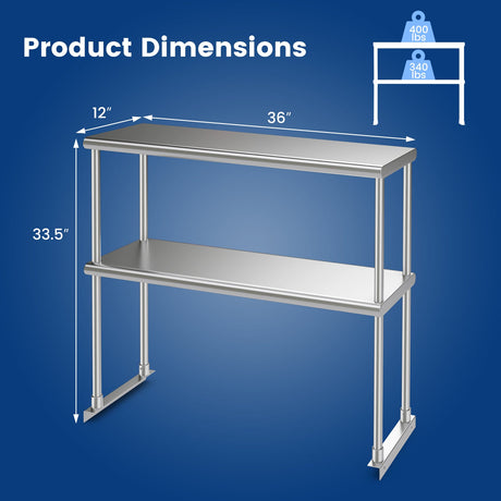 Estante Superior de Cocina de Acero Inoxidable de 36 x 12 Pulgadas con Estante Inferior Ajustable