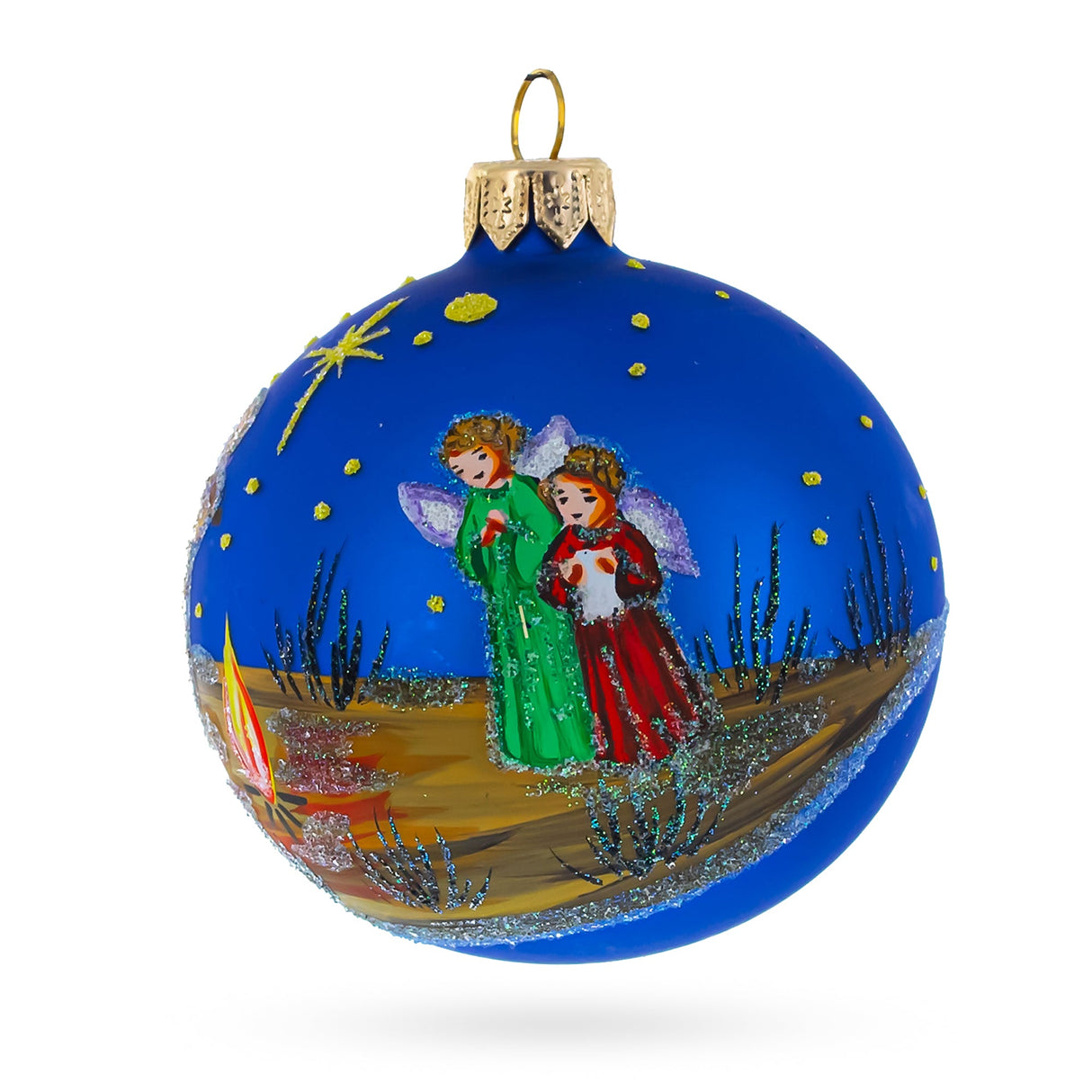 Heavenly Angels in the Night Nativity Scene Glass Ball Christmas Ornament 3.25 Inches