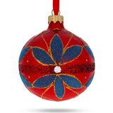 Blue Flowers on Red Glass Ball Christmas Ornament 3.25 Inches