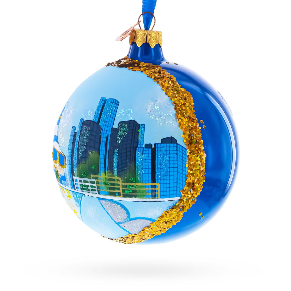 Detroit Riverfront, Detroit, Michigan Glass Ball Christmas Ornament 4 Inches