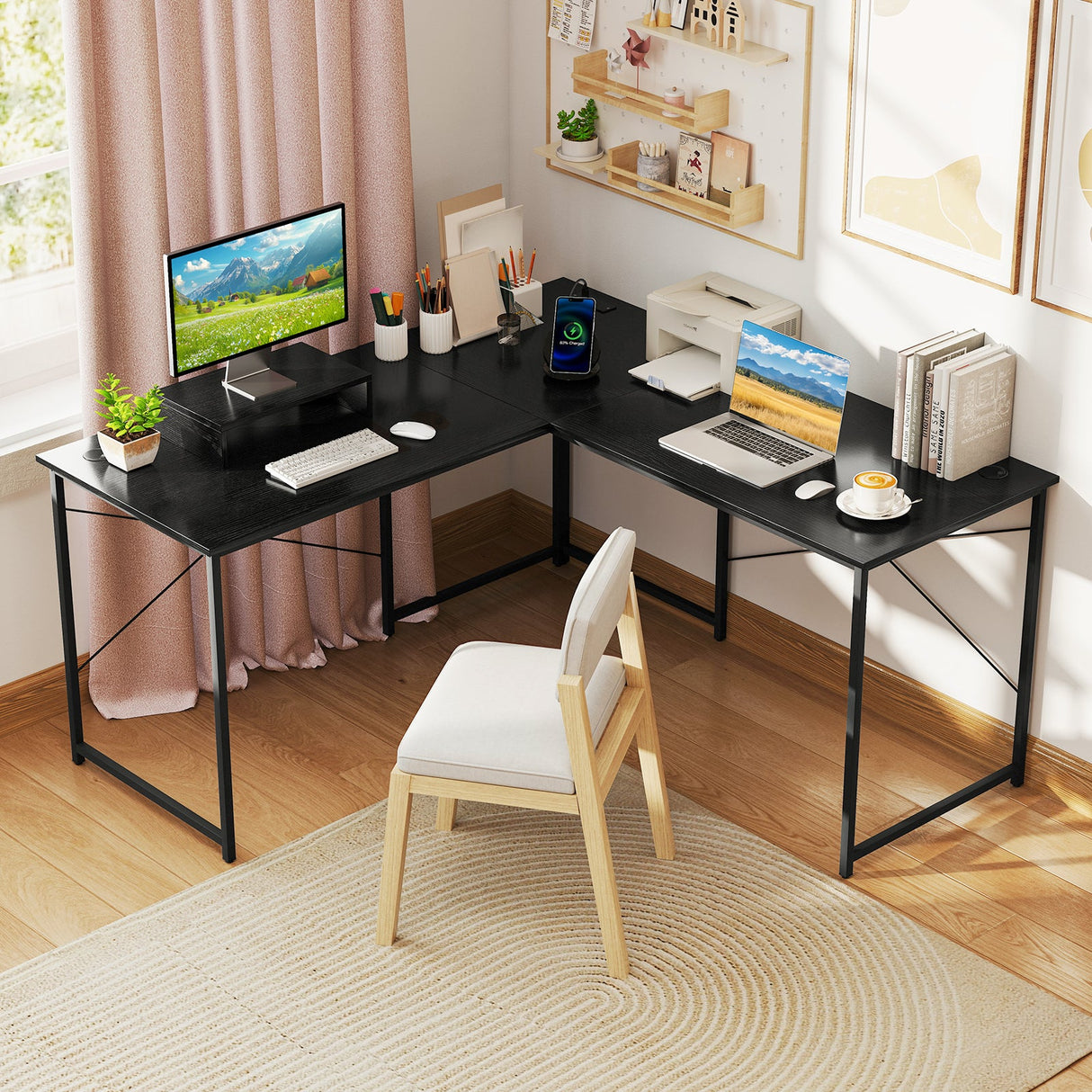 Escritorio de computadora reversible en forma de L de 95 pulgadas para 2 personas con soporte para monitor