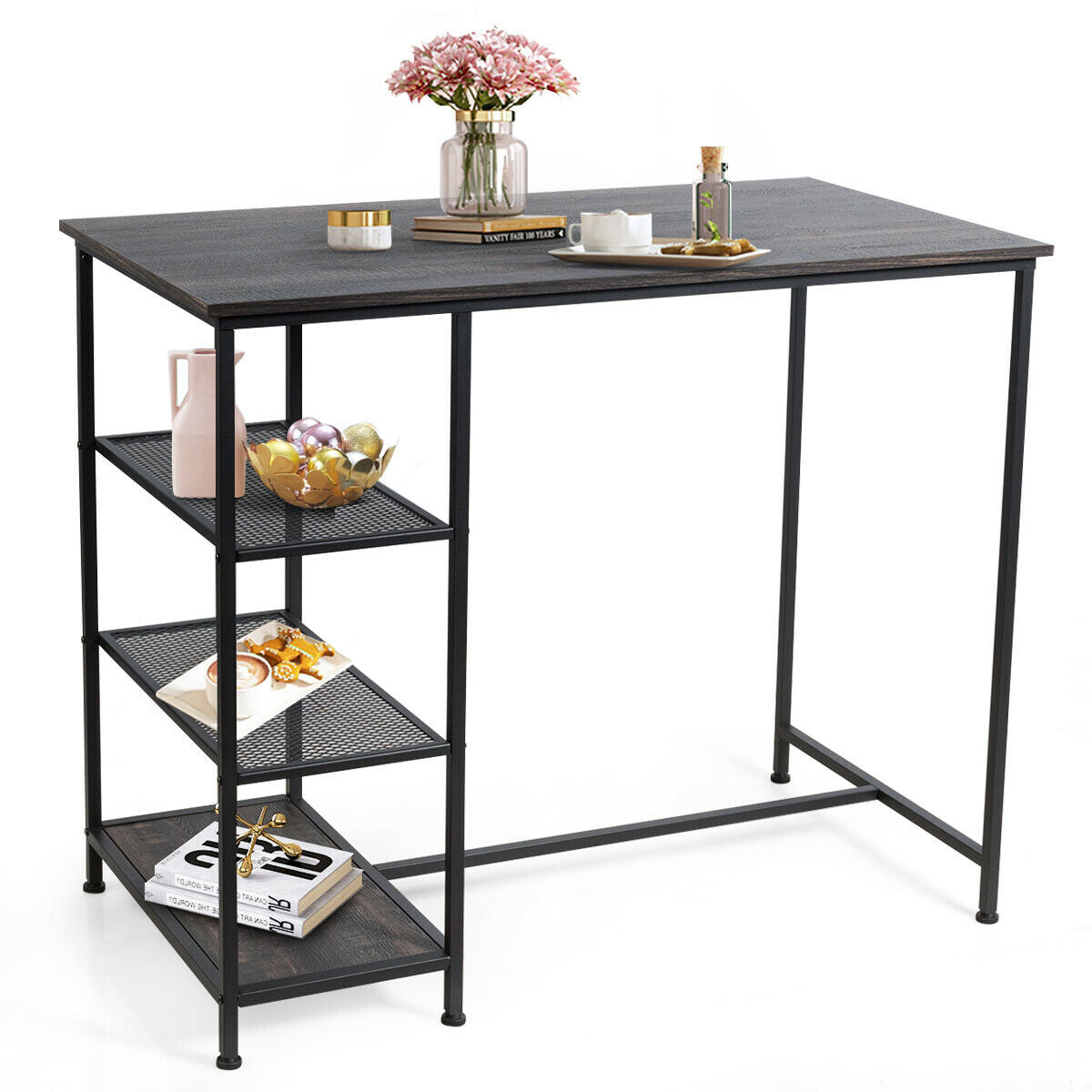 Mesa de bar/pub de comedor industrial con estructura de metal y estantes de almacenamiento