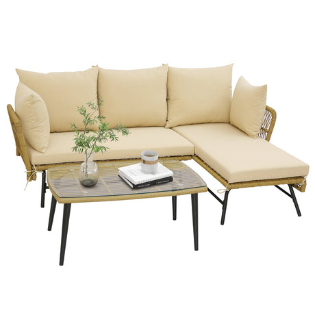 Sofá de patio en forma de L de 3 piezas con cojines y mesa de cristal templado