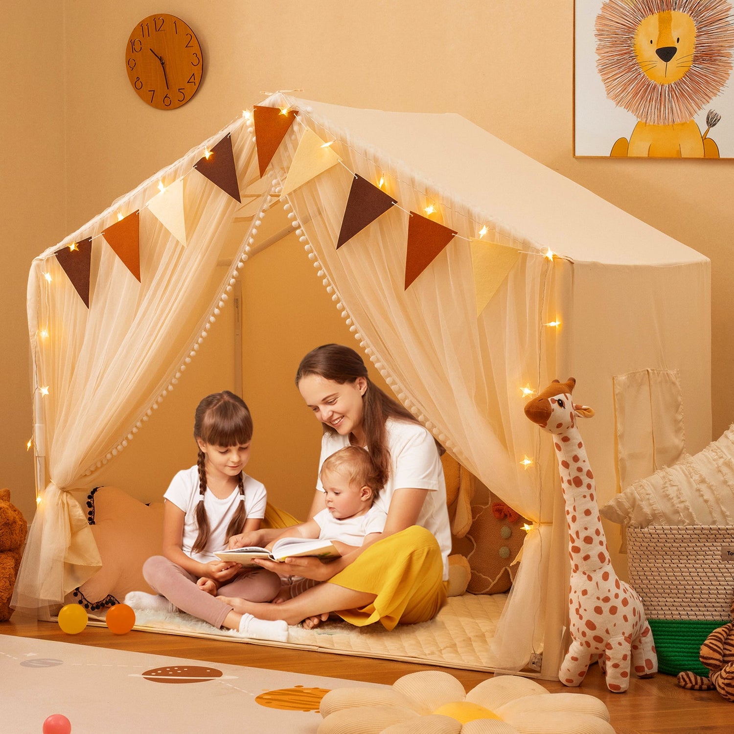 Tienda de juegos grande para niños pequeños con puertas, cortinas y ventanas