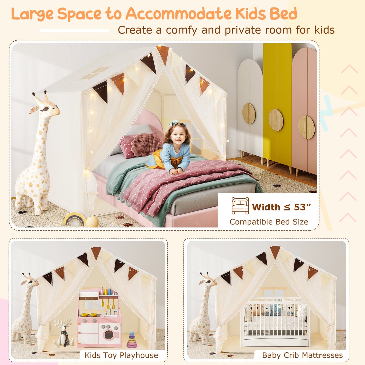 Tienda de juegos grande para niños pequeños con puertas, cortinas y ventanas