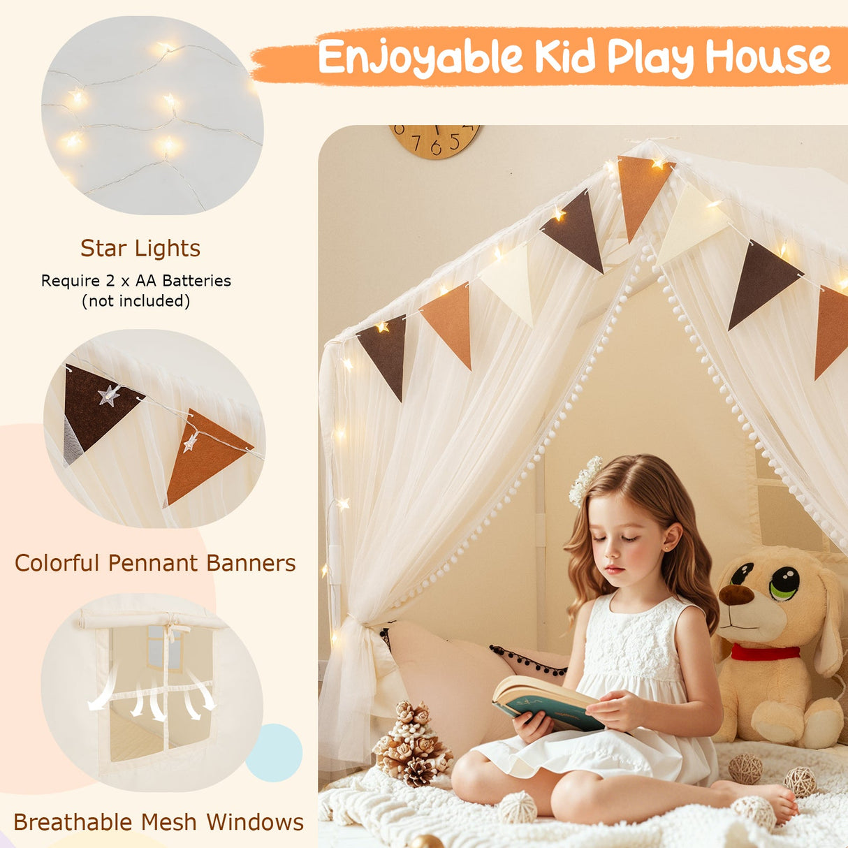 Tienda de juegos grande para niños pequeños con puertas, cortinas y ventanas