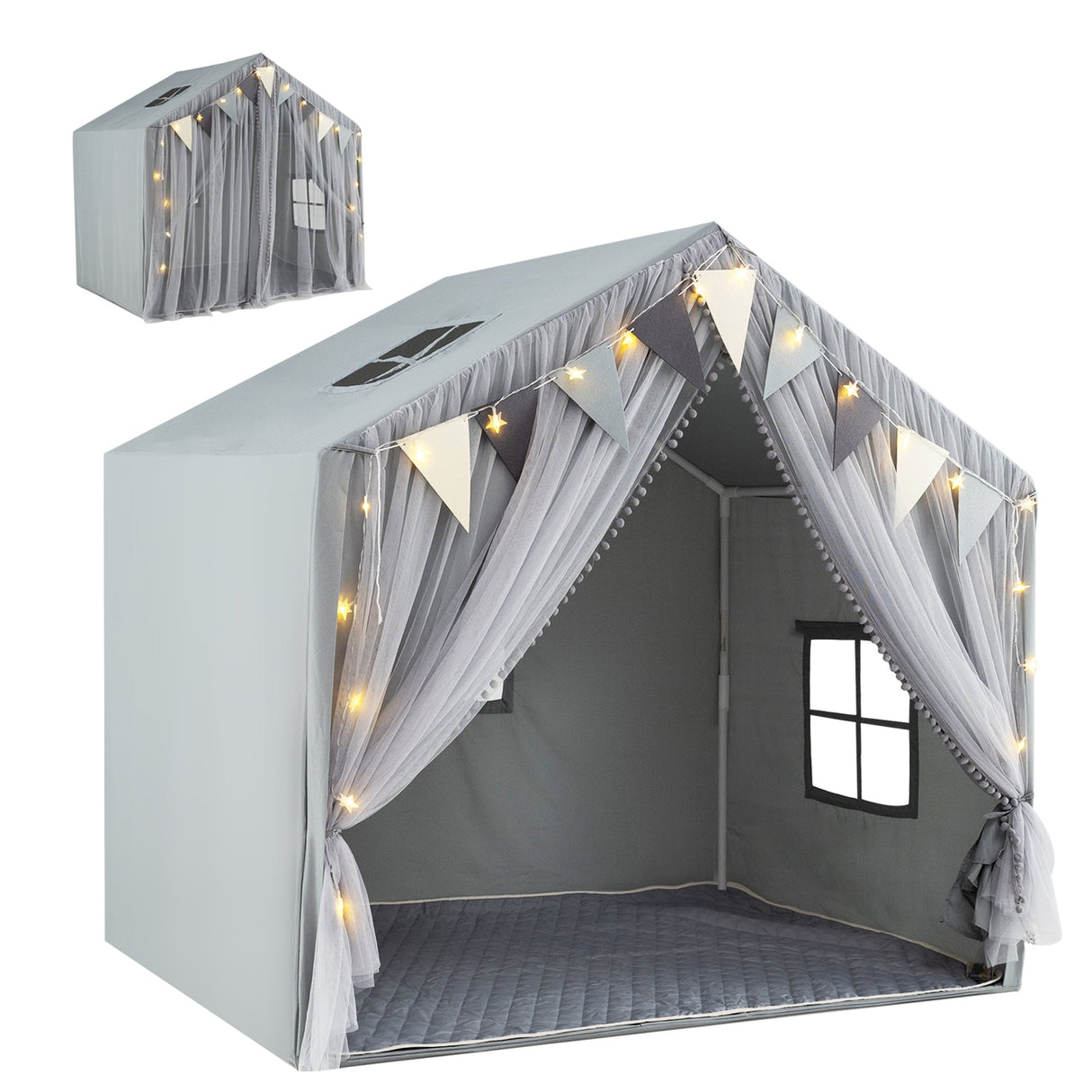 Tienda de juegos grande para niños pequeños con puertas, cortinas y ventanas