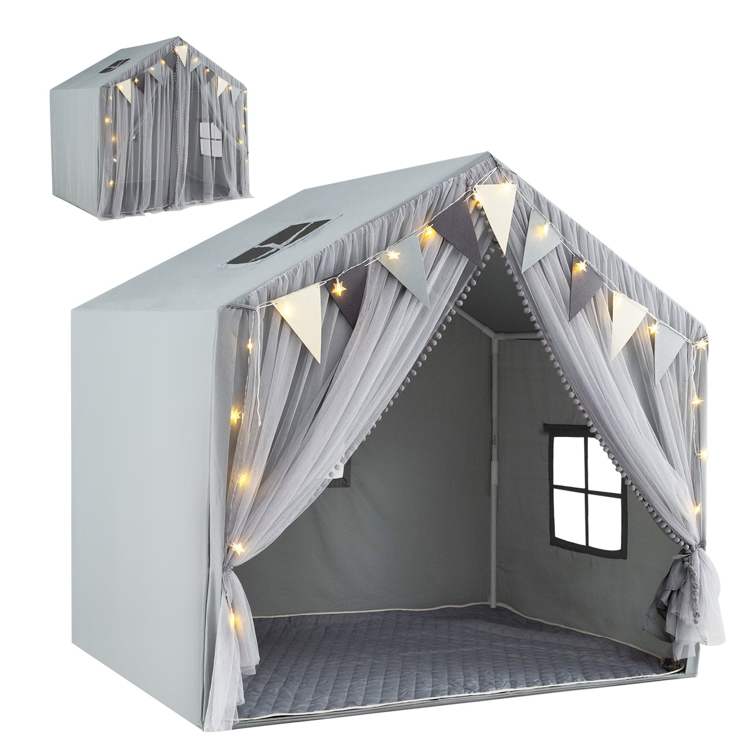 Tienda de juegos grande para niños pequeños con puertas, cortinas y ventanas