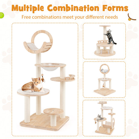Torre para gatos grande de madera 4 en 1 con nido de cápsula espacial para gatos de interior
