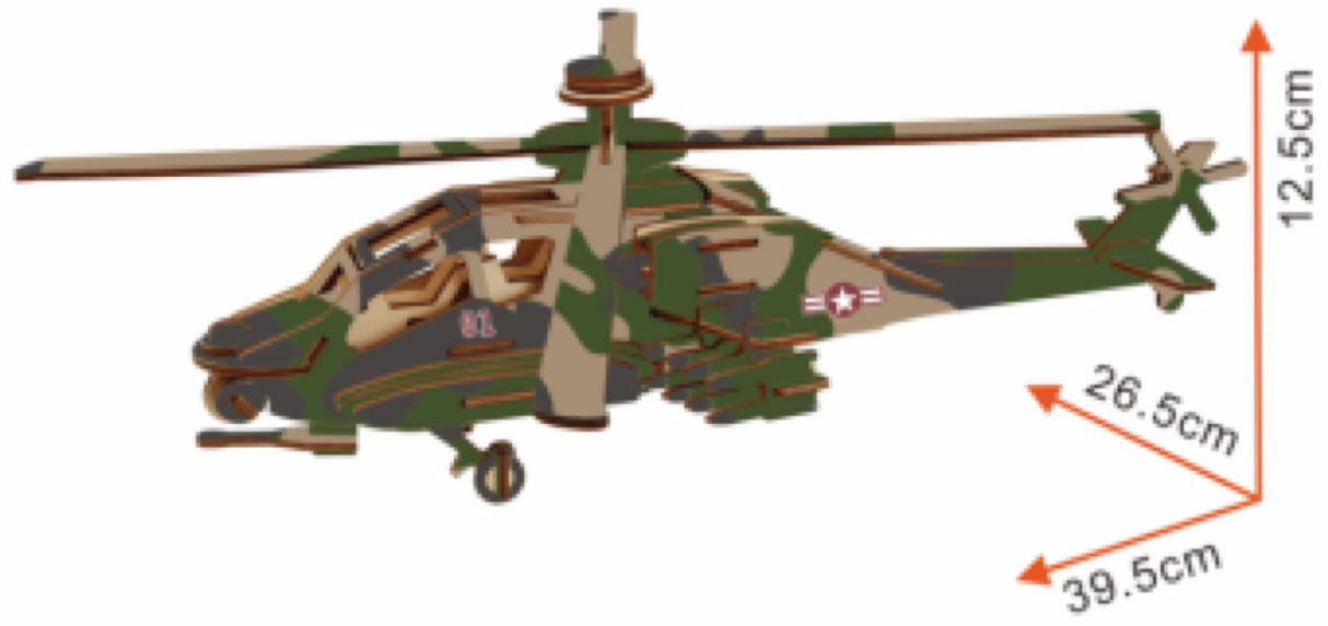 Apache Helicopter Model Kit - Wooden Laser-Cut 3D Puzzle (82 Pcs)