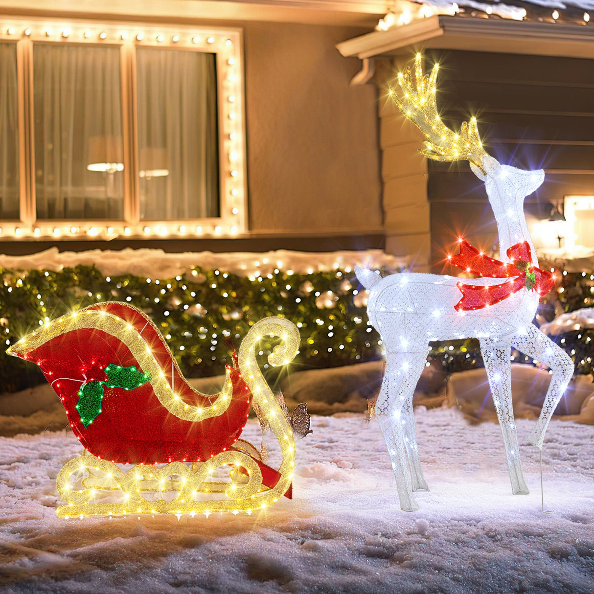 Renos navideños y trineo de Papá Noel iluminados con LED