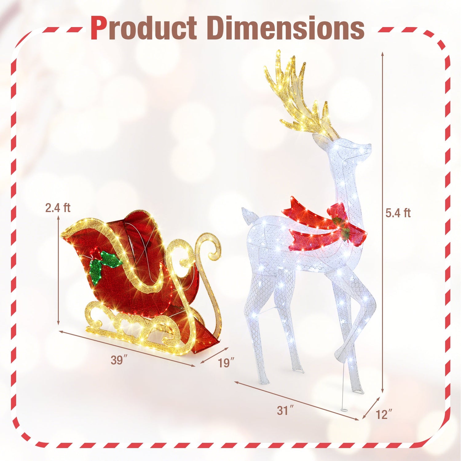 Renos navideños y trineo de Papá Noel iluminados con LED