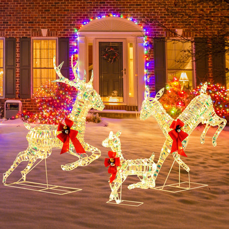 Familia de renos navideños iluminada de 3 piezas con luces LED y lazos