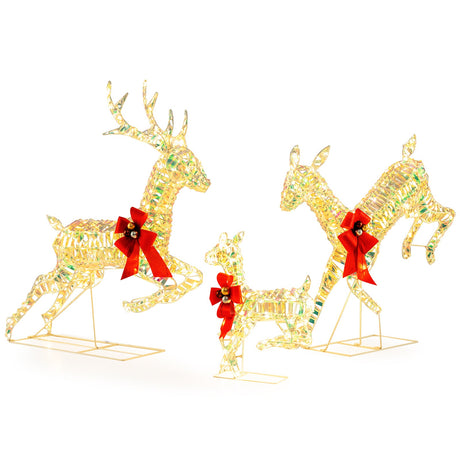 Familia de renos navideños iluminada de 3 piezas con luces LED y lazos