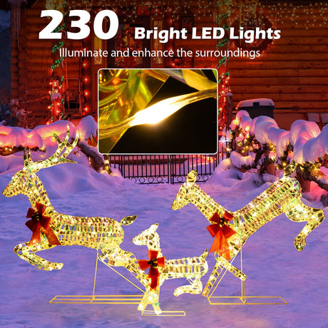 Familia de renos navideños iluminada de 3 piezas con luces LED y lazos