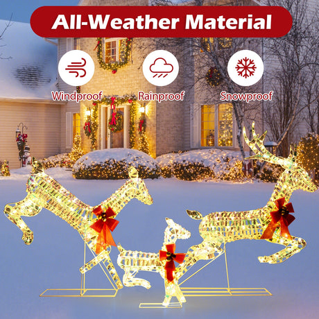 Familia de renos navideños iluminada de 3 piezas con luces LED y lazos