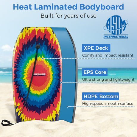 Tabla de bodyboard/boogie board ligera de 33/37/41 pulgadas con núcleo de EPS, cubierta de XPE, parte inferior de HDPE multicolor