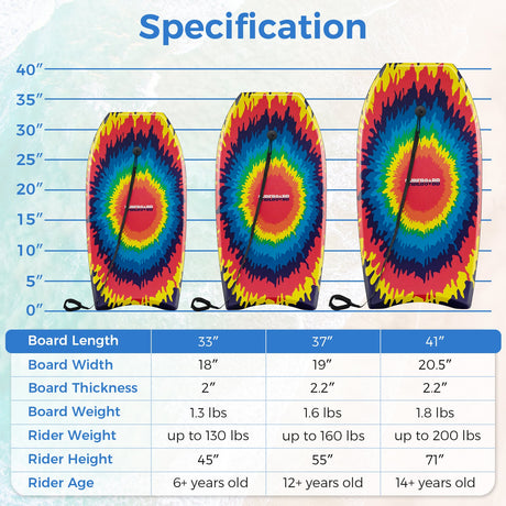 Tabla de bodyboard/boogie board ligera de 33/37/41 pulgadas con núcleo de EPS, cubierta de XPE, parte inferior de HDPE multicolor