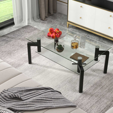 Mesa de centro rectangular de cristal de 2 niveles con patas de tubo de metal - Negro