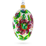 Red Flowers On White Glass Egg Ornament 4 Inches