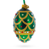 Gold Scallop on Green Jeweled Egg Glass Ornament 4 Inches