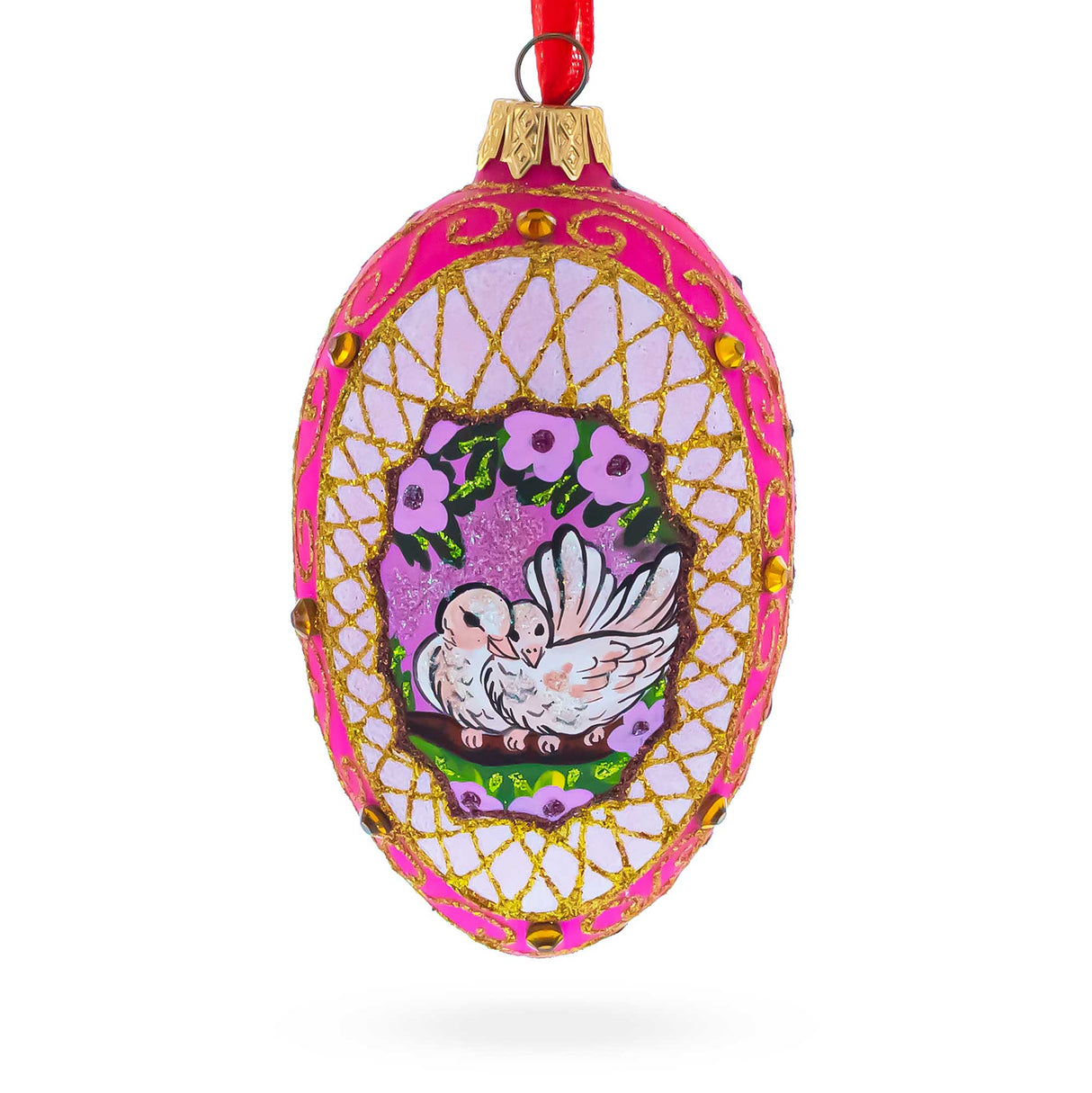 Romantic Doves in Floral Glass Egg Ornament 4 Inches