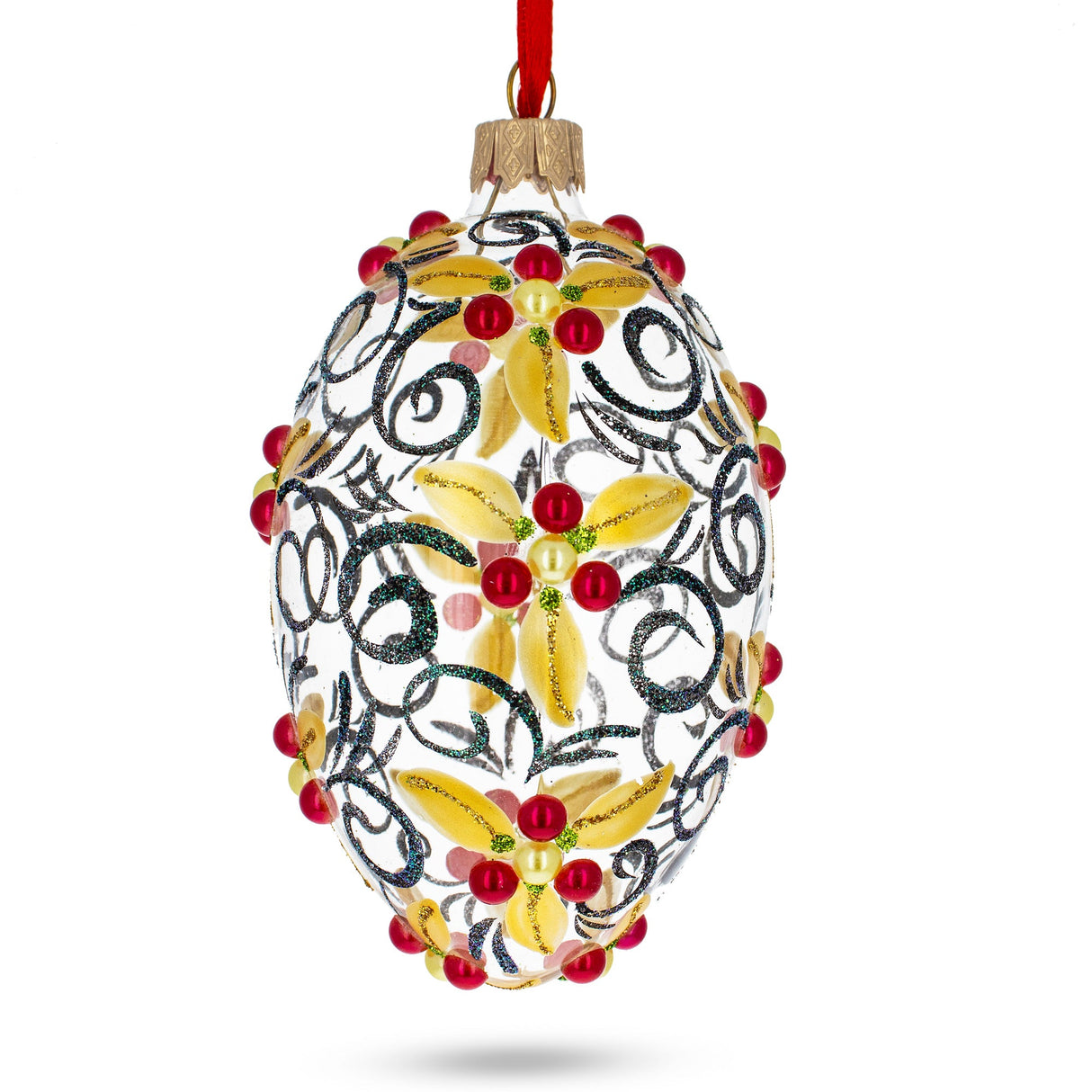 Red Berries On Clear Glass Egg Ornament 4 Inches