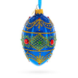 Jeweled Red on Blue Glass Egg Ornament 4 Inches