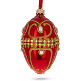 Jeweled White Beads Glossy Red Glass Egg Ornament 4 Inches