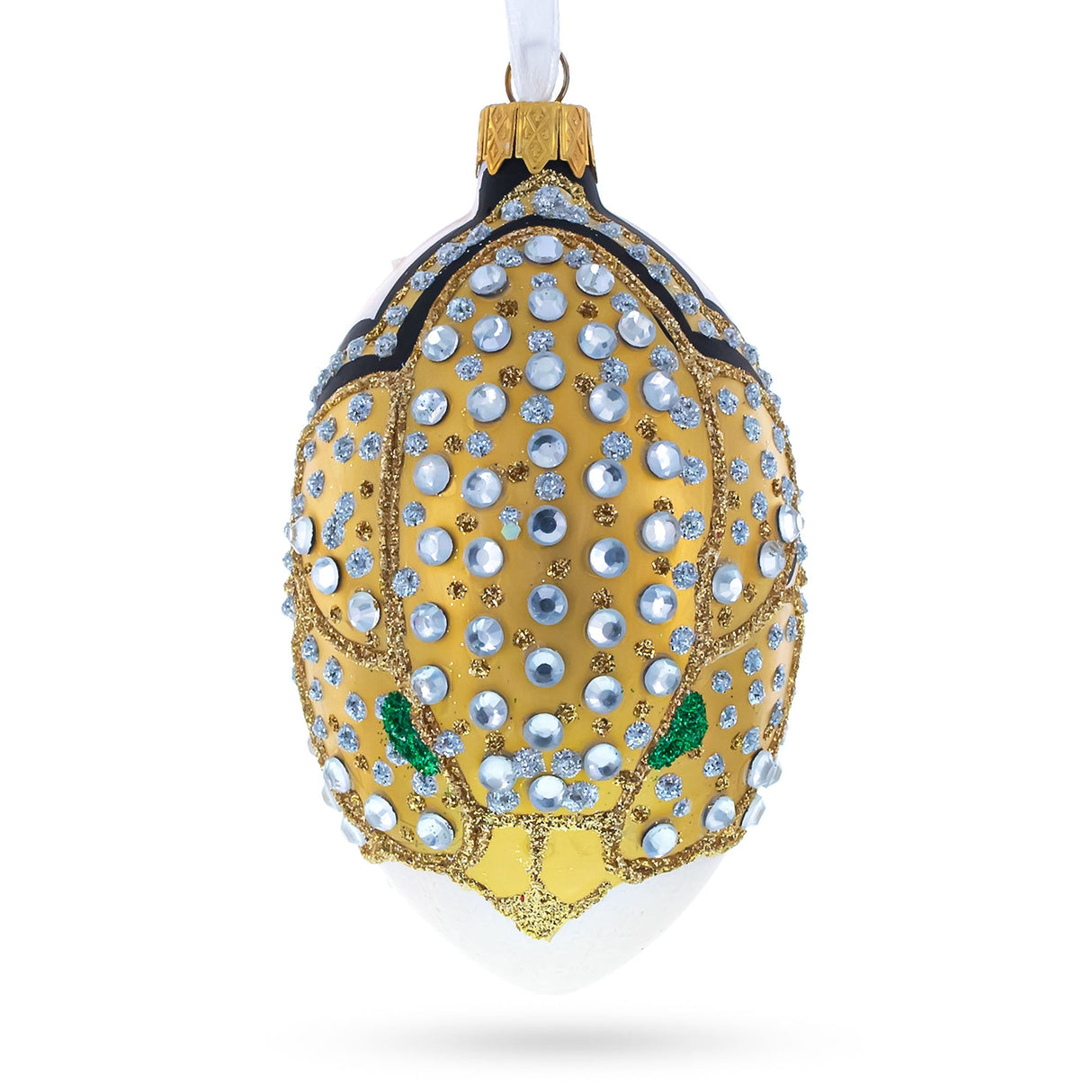 Louis-Francois Designer Jeweled Panther Glass Egg Christmas Ornament 4 Inches