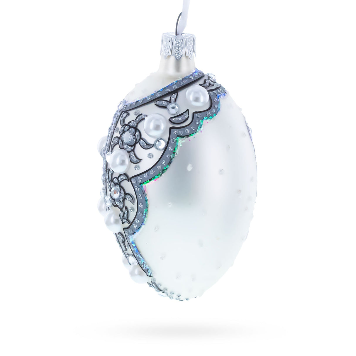 French Couturier Pearls on White Pendant Necklace Glass Egg Christmas Ornament 4 Inches