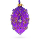 Royal Purple and Gold Glitter Scrollwork & Gem Accents Glass Egg Christmas Ornament 4 Inches