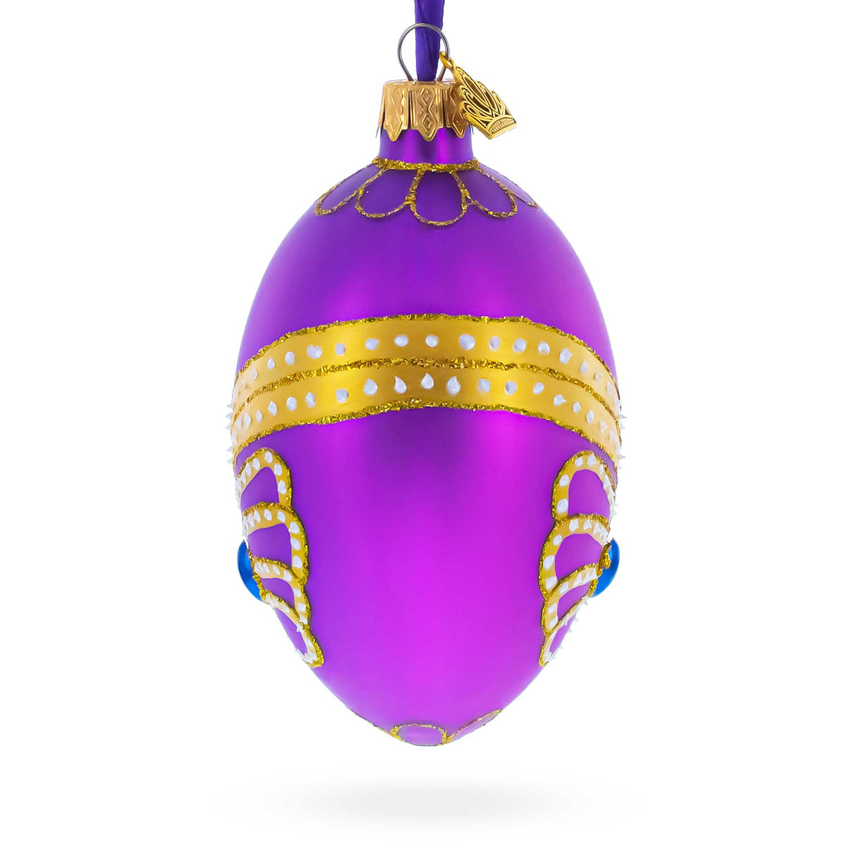 Golden Pattern on Purple Glass Egg Christmas Ornament 4 Inches