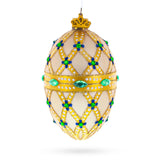 Yellow Trellis, Green Gems & Royal Blue Accents Glass Egg Ornament 4 Inches