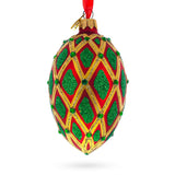 Jeweled Green IKAT on Red Glass Egg Christmas Ornament 4 Inches