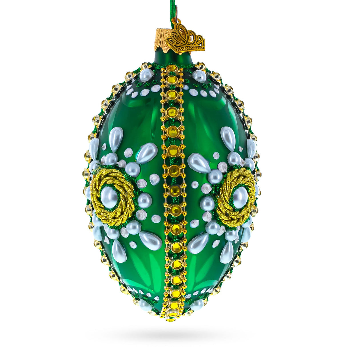 White Pearls on Green Glass Egg Christmas Ornament 4 Inches