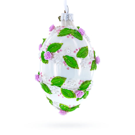 3D Roses in Silver Spiral Glass Egg Ornament 4 Inches