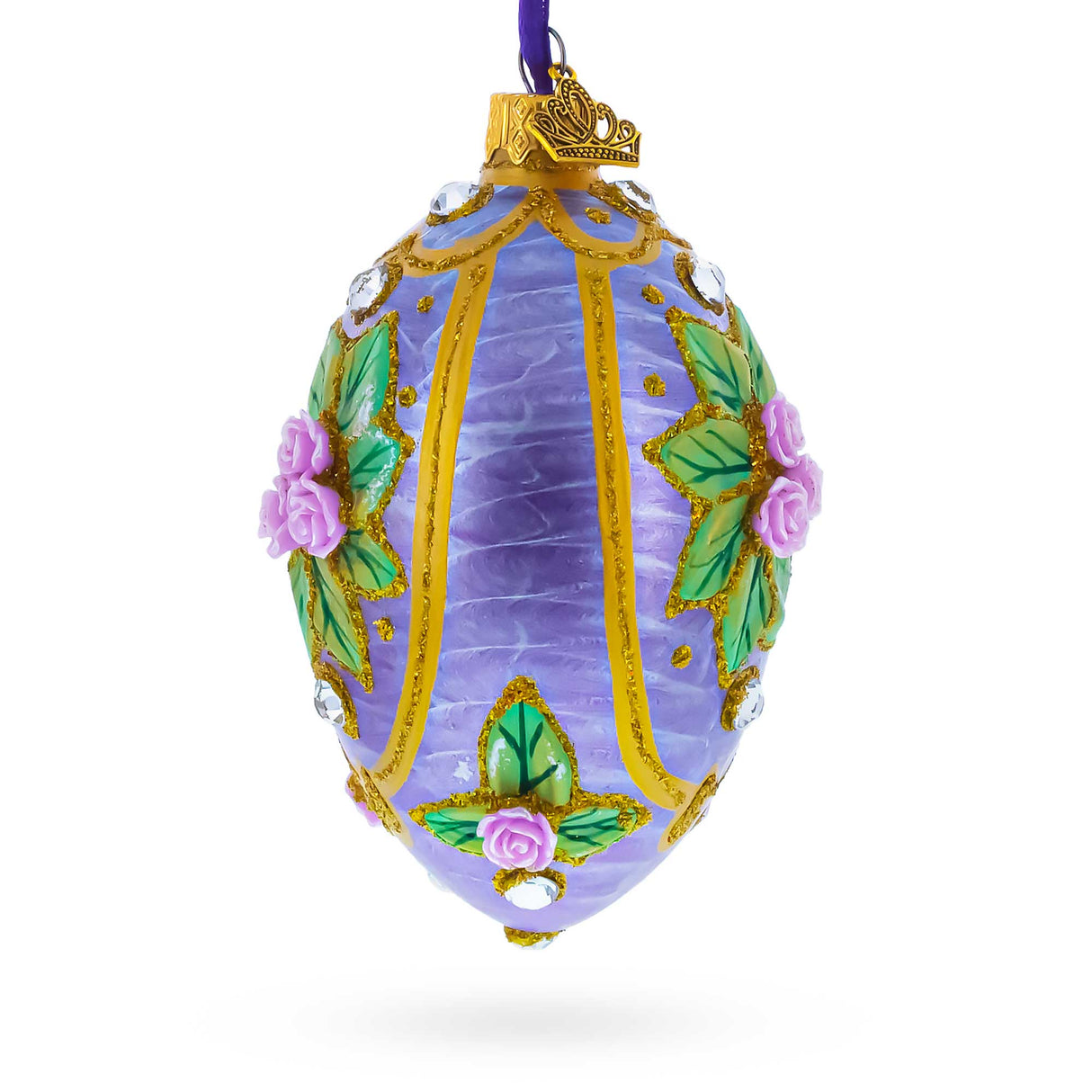 3D Roses Bouquet on Purple Glass Egg Ornament 4 Inches