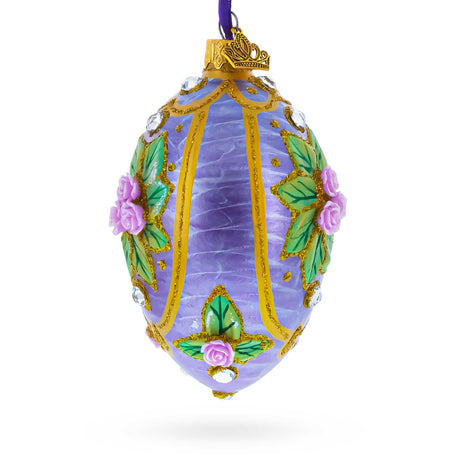 3D Roses Bouquet on Purple Glass Egg Ornament 4 Inches